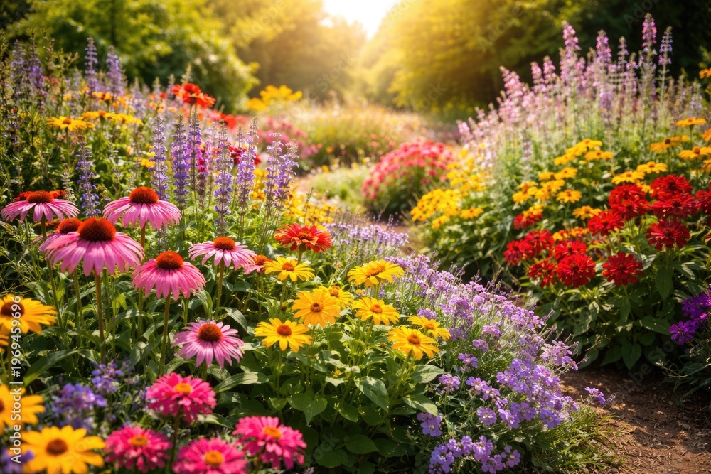 Naklejka premium Colorful summer flower bed showcasing vibrant blooms in full blossom under bright sunlight