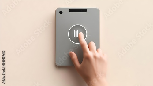 Person pressing pause symbol on table.