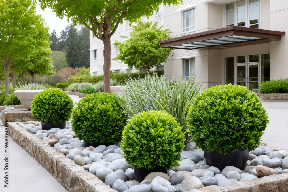 Fototapeta premium Modern residential building entrance with landscape design and green plants