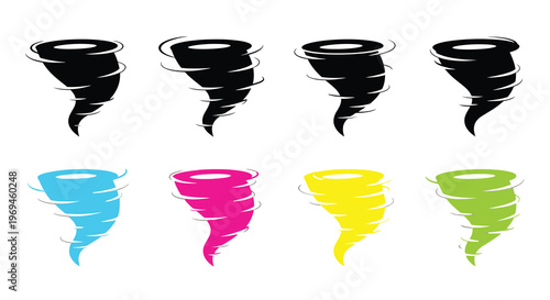 Colorful tornado illustrations depict swirling vortexes and atmospheric disturbances