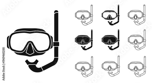 Black and white illustrations of snorkeling masks and associated equipment