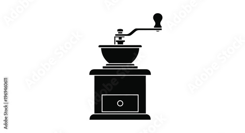 A black silhouette of a vintage coffee grinder with a manual crank handle