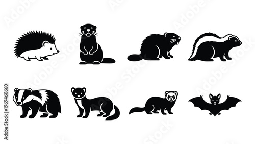 A collection of north american mammals illustrated in a stark minimalist style presented as a black silhouette high quality professional detailed