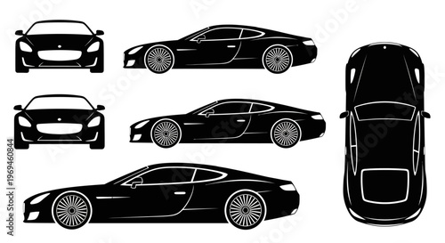 Black Sports Car Silhouette - Multiple Views: Front, Side, Top