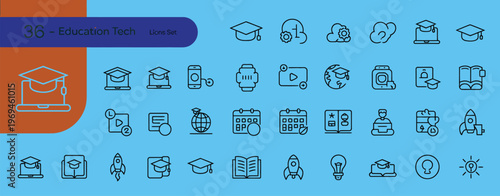Education technology icon set with editable stroke, thin linear vector illustration showing online learning, digital classroom, e learning platforms and academic tools.
