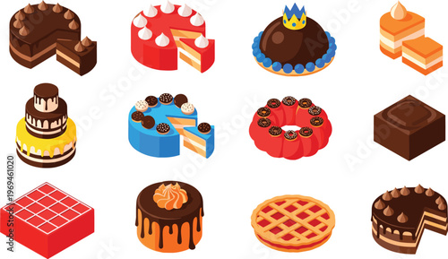 Delicious Cake and Dessert Collection with Different Flavors and Decorations for Sweets, Bakery, and Pastry Graphics