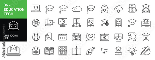 Education technology icon set with editable stroke, thin linear vector illustration showing online learning, digital classroom, e learning platforms and academic tools.