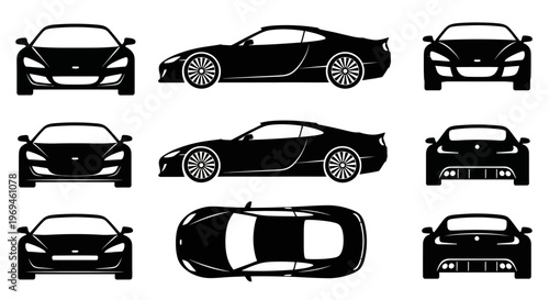 Black Sports Car Silhouette Collection: Front, Side, Top Views