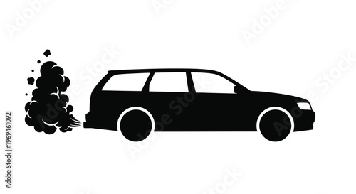 Black silhouette of a station wagon emitting dark smoke from exhaust