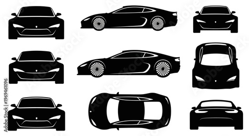 Black Sports Car Silhouette Collection: Front, Side, Top Views