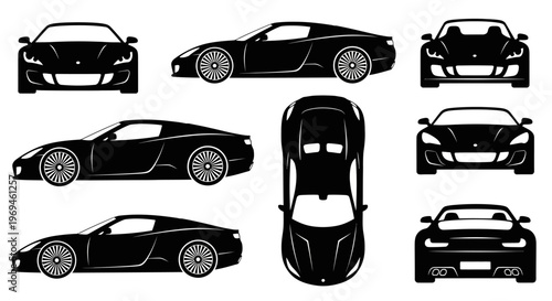 Black Sports Car Silhouette Collection: Front, Side, Top, Rear Views