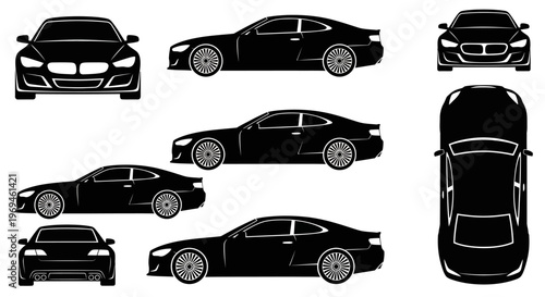 Black sports car silhouette collection, multiple angles: front, side, top, rear view