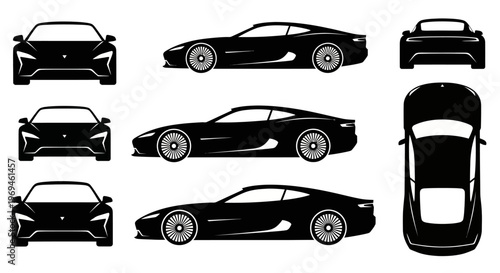 Black Sports Car Silhouette: Front, Side, and Top Views