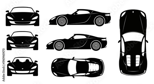 Black sports car silhouette from multiple angles: front, side, top view