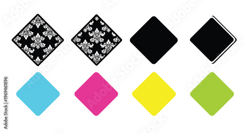 Cmyk color model demonstration with diamond shapes and patterned tile