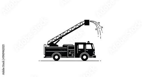 Simple black and white illustration of a fire truck with extended ladder