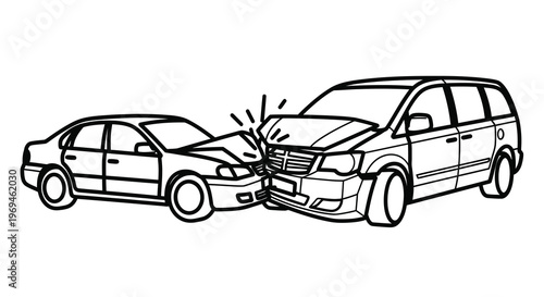 Line drawing depicting a head on collision between two passenger vehicles