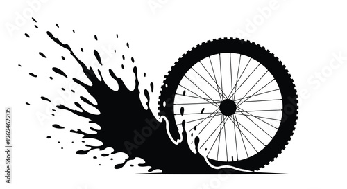 A black and white illustration of a mountain bike tire and splash