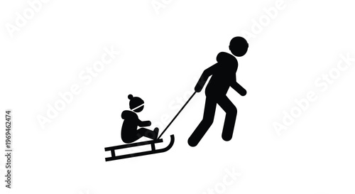 A simple black silhouette depicts a person pulling a child on a sled