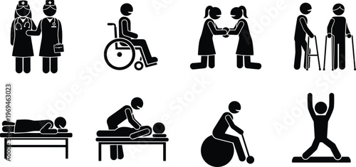 Healthcare and rehabilitation icons set, medical staff, wheelchair patient, physiotherapy, elderly care, recovery exercise, hospital treatment concept vector illustration