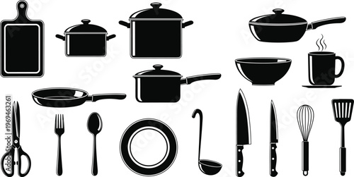 Kitchen utensils set icons, cookware collection, pots, pans, knives, spoon, fork, cutting board, cooking tools, kitchen equipment, food preparation