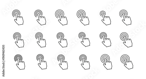 Multiple line art illustrations of hands pressing or touching circular buttons