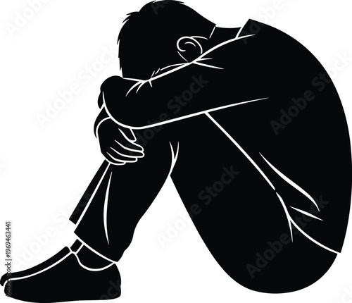 Silhouette of depressed man sitting alone, hugging knees, mental health, sadness, loneliness, stress, anxiety concept illustration black white vector graphic