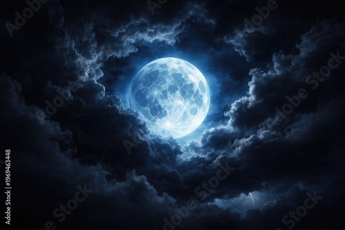 A mysterious blue moon emerging through stormy clouds at midnight with a dark atmosphere