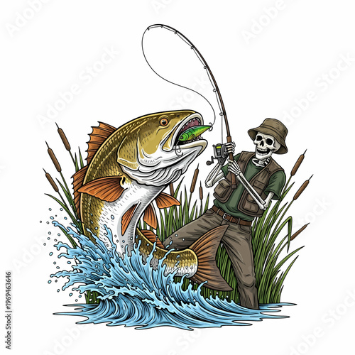 Skeleton fisherman catching a large redfish with a lure in marsh grass vintage vector illustration