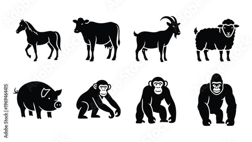 A collection of farm and wild animals are depicted in stark black shapes creating a bold silhouette high quality professional detailed