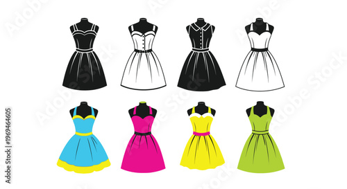Collection of vintage dress designs in black white and vibrant colors