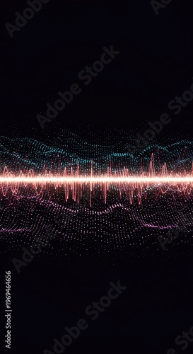 Dynamic, shimmering abstract visualization of electronic frequency data patterns flowing across a dark digital space. Rhythmic waveform analysis ,innovation ,dark ,concept