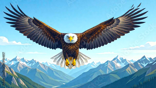Low-poly style illustration of a bald eagle soaring forward with open wings against a backdrop of snow-capped mountains and a clear blue sky