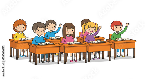 Classroom Scene with Kids Raising Hands and Studying for Education, School, and Learning Graphics