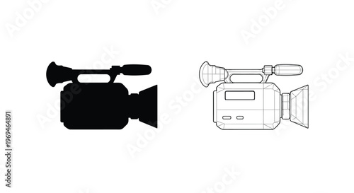 Two depictions of a vintage camcorder solid black and wireframe
