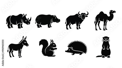 A collection of african and other animals depicted in stark black silhouettes against a white background silhouette high quality professional detailed