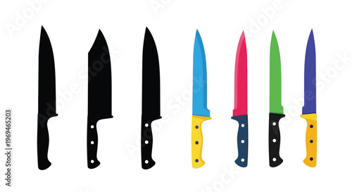 Collection of kitchen knives in various colors and styles shown in a row