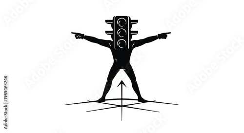 Abstract figure with traffic light head directs movement and decisions on a white background.