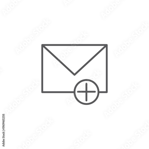 Minimalist email envelope icon with plus sign for compose message, add new mail, and communication app UI design vector illustration.
