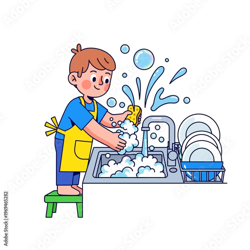 Happy Boy Washing Dishes in Kitchen Sink with Bubbles and Water Splashes