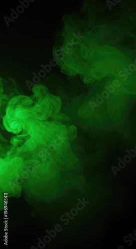 Eerie glowing green smoke and fog swirls dramatically across a dark background, creating a mystical and toxic atmosphere for horror designs ,wallpaper ,abstract ,dramatic