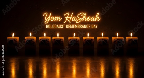 Yom hashoah holocaust remembrance day with nine lit candles in a dark room with neon sign