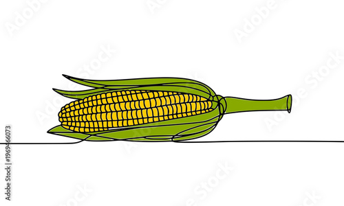 Continuous single line art drawing of a fresh sweet corn cob with green husks, minimalist vector illustration perfect for food, agriculture, and harvest design concepts.
