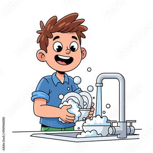 Happy boy washing dishes in kitchen sink with running water and soap suds