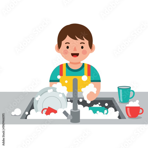 Happy boy washing dishes in kitchen sink, cleaning household chores, vector illustration