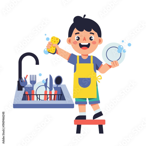 Happy boy washing dishes with sponge and bubbles in kitchen sink, cartoon style