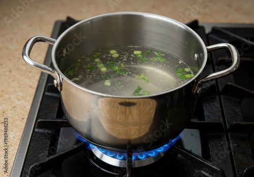 Gentle simmering of clear broth inside a shiny metal stockpot on a gas burner, illustrating slow cooking technique and heat control ,recipe ,culinary ,burner
