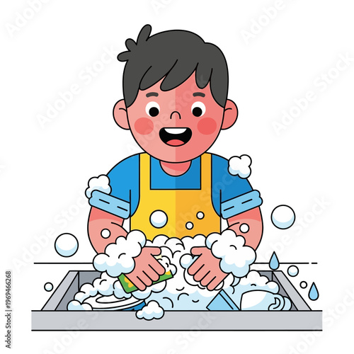 Happy boy washing dishes with soap and bubbles in kitchen sink, cartoon illustration