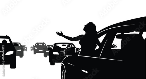 Frustrated woman stuck in traffic, leaning out of car window with outstretched arms