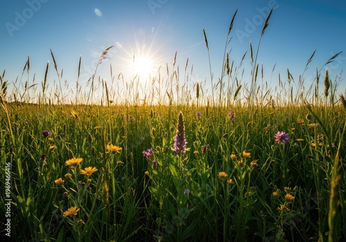 Golden sunlight illuminates a vibrant summer meadow filled with tall green grasses and scattered colorful wildflowers under a bright blue sky ,scenic ,meadow ,warmth
